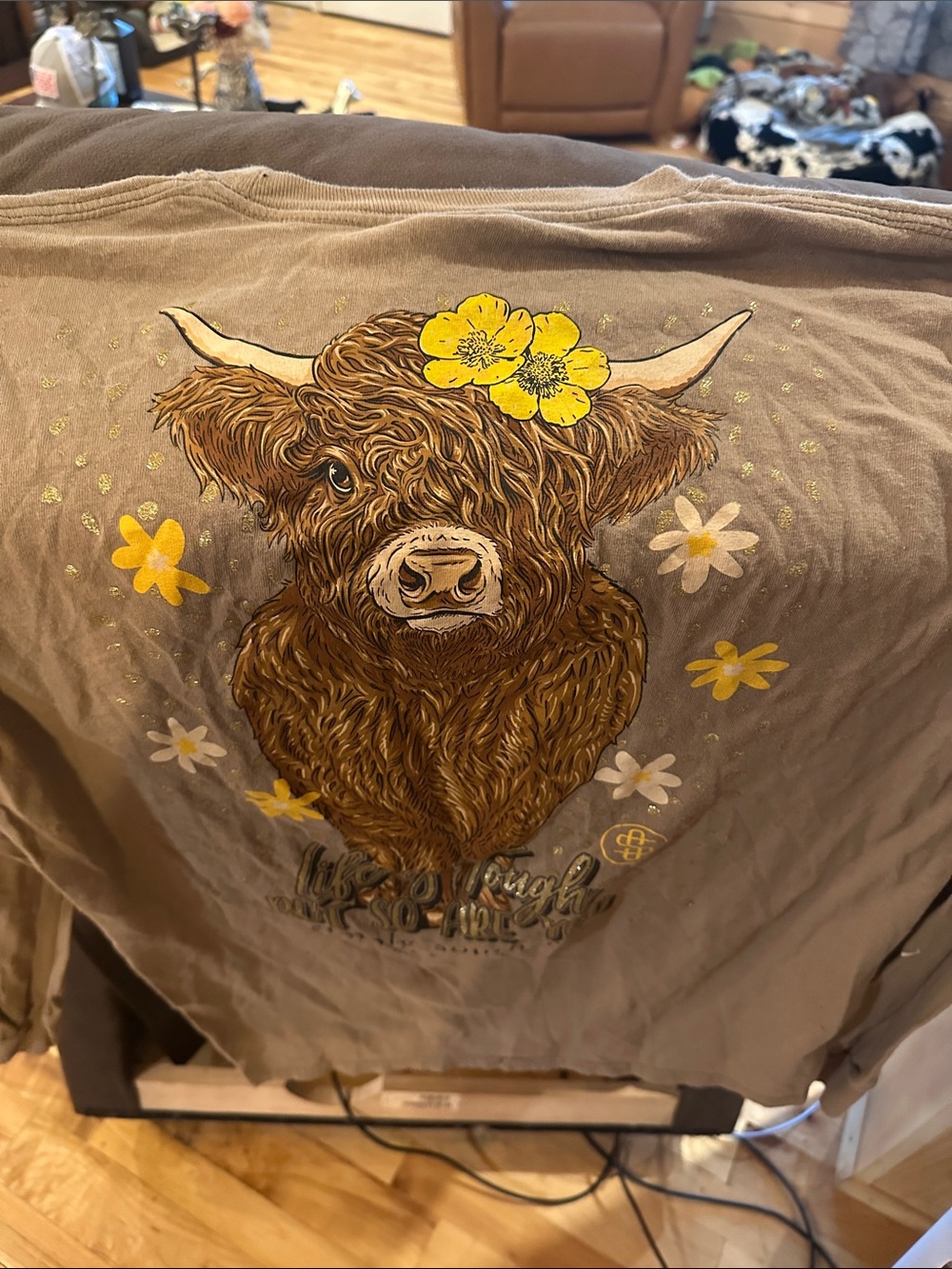 Simply Southern Brown Highland Cow Tee with Yellow Floral Accent
